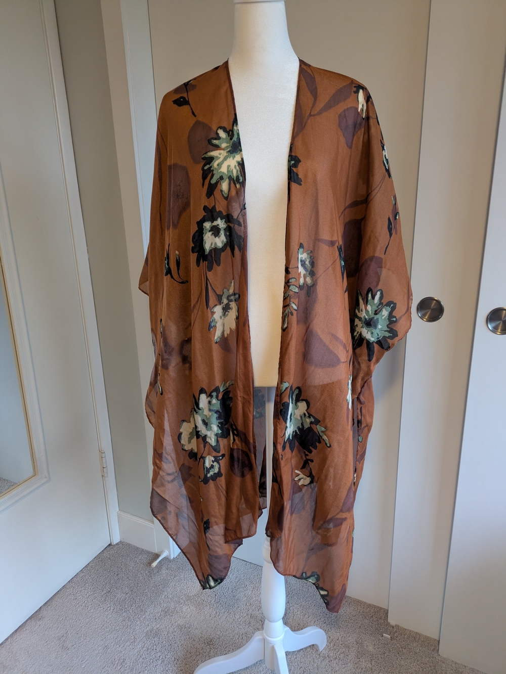 Deep Orange Floral Sheer Flowing Open Kimono/Cover Up